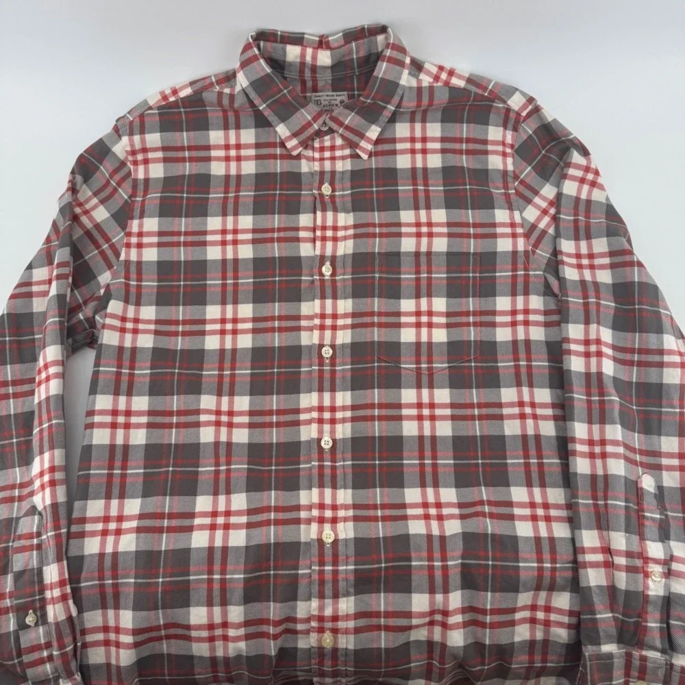 J.Crew Mens Plaid‎ Button Down Shirt Red Gray White Cotton Size M